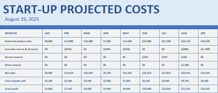 Start Up Cost Spreadsheet