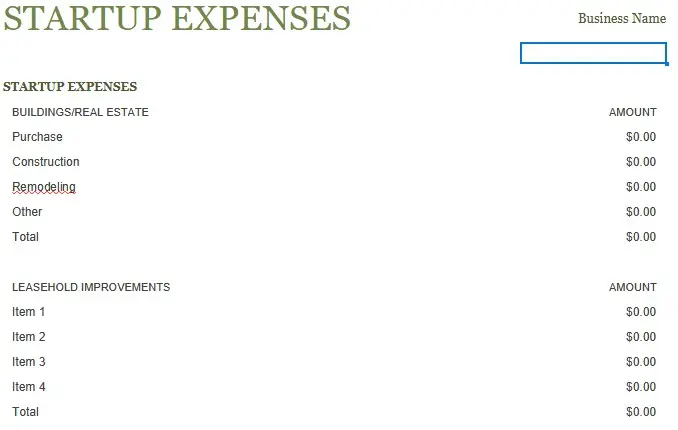 Start-Up Cost Spreadsheet