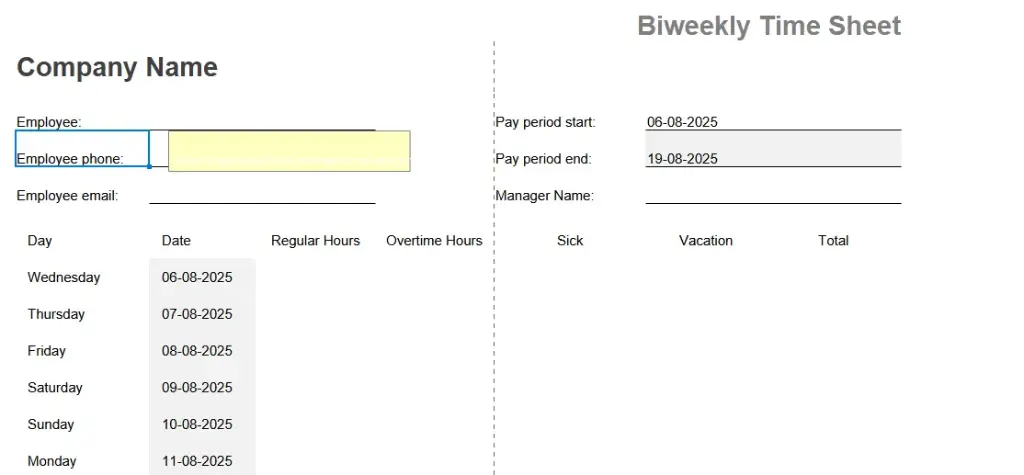 Employee Bi-Weekly/Fortnightly Time Sheet
