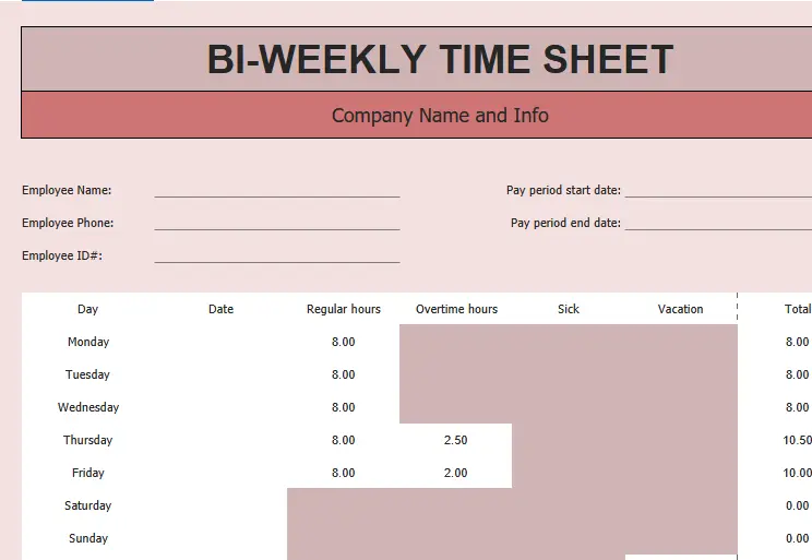 Employee Fortnight/Biweekly Time Sheet