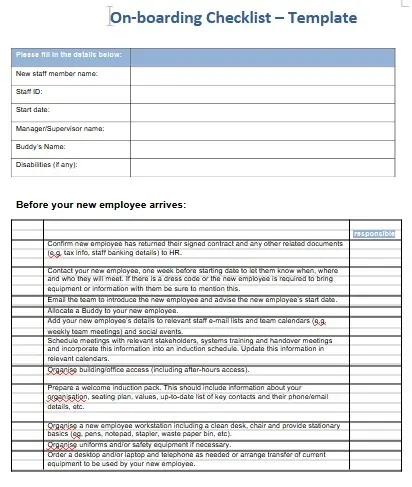 Hiring - On Boarding Checklist Template