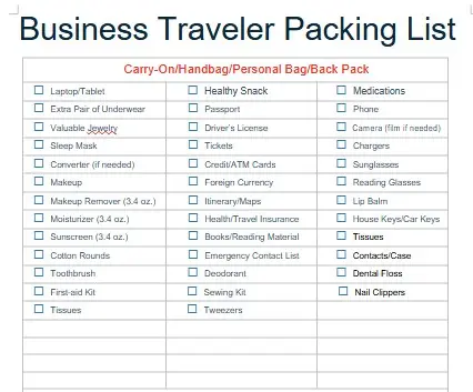Packing List Checklist