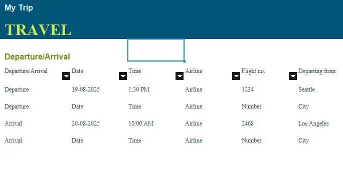 Travel Spreadsheet - Itinerary