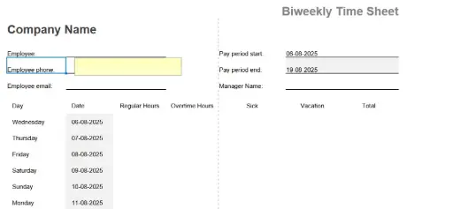 Employee Bi-Weekly/Fortnightly Time Sheet