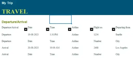 Travel Spreadsheet - Itinerary